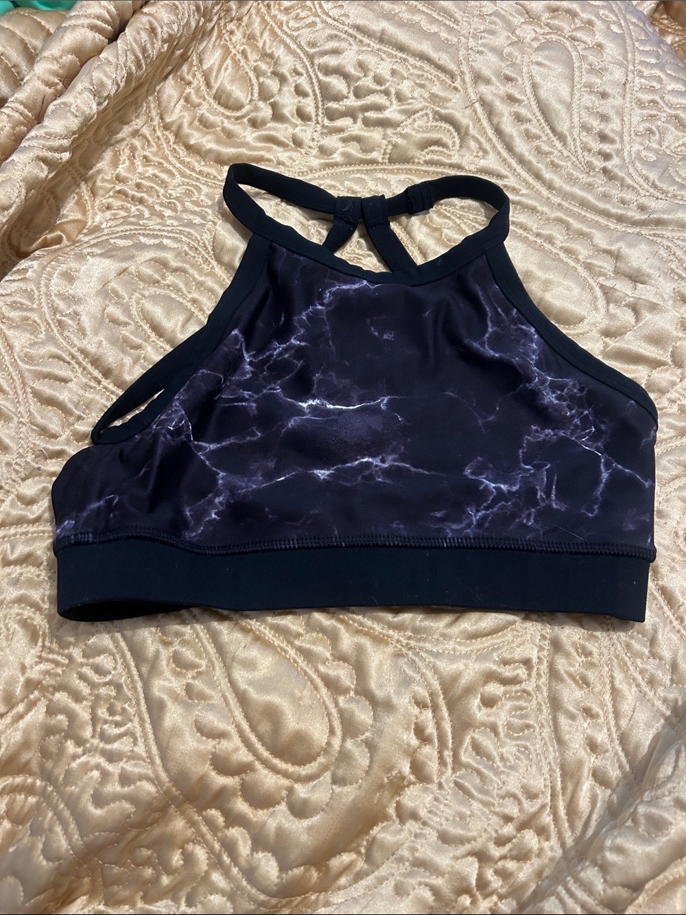 Buff bunny High-Neck Sports Bra — Black Marble Print XS
